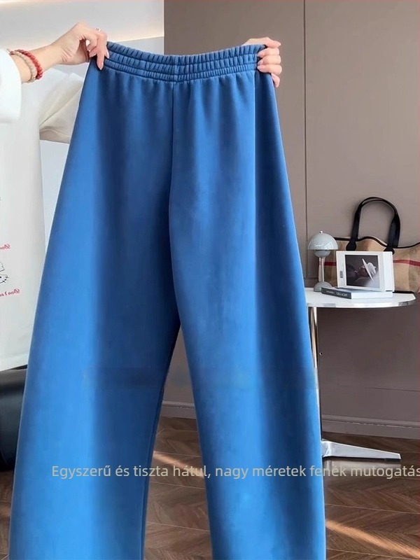 Női fleece-béléses vastag kék szabadidőnadrág, új tavaszi modell, körte alakhoz karcsúsító, lazán illeszkedő, egyenes szárú