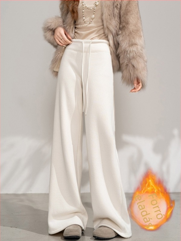 Női fleece-béléssel vastag széles szárú nadrág, őszi-téli, laza fazon, padlóig érő hossz, koreai stílus
