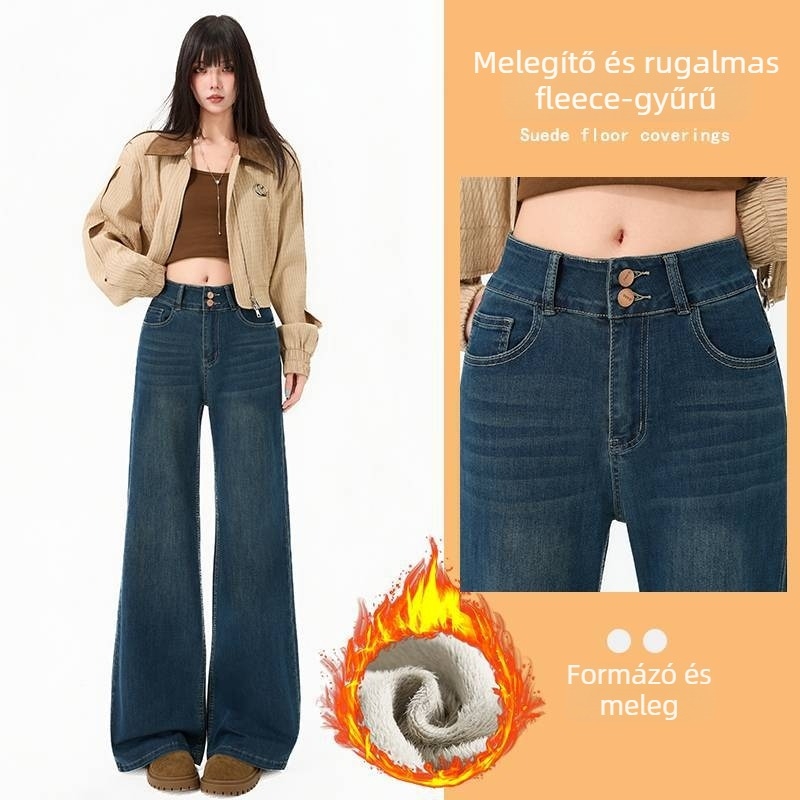 Farmernadrág, széles lábszárú, magas derekú, kopott részletekkel, pamut denim, dupla gombos zárás, padlóig érő