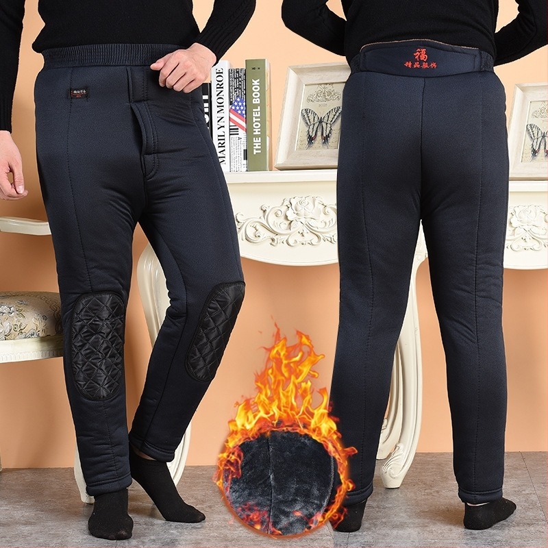 Férfi téli bélelt egyenes szabású nadrág fleece bélés, selyem-pamut töltet, pamut‑poliészter keverék anyag, magas derekú