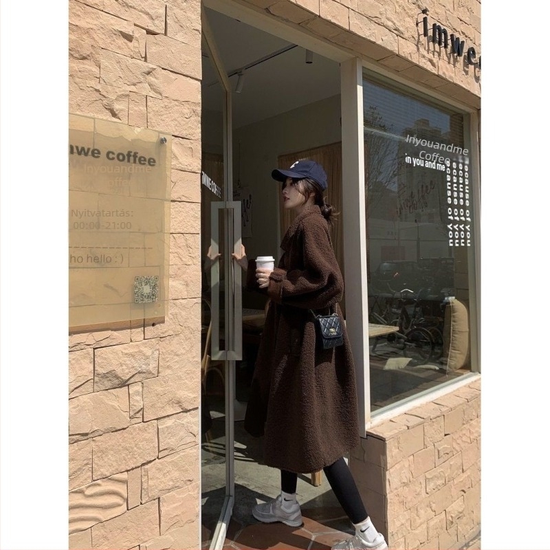 Kismama kabát koreai stílusban, középhosszú, laza szabás, báránygyapjú, zakó gallér