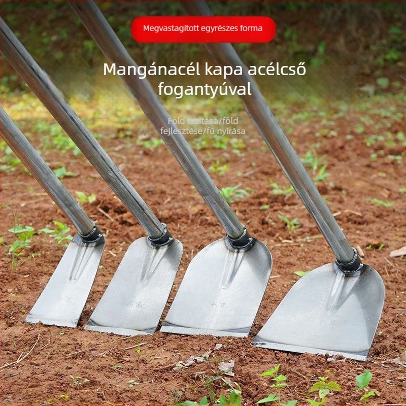 Mangánacél kapa hegesztett acélcsővel, hosszú nyéllel, zöldségek ültetésére és ekézésre, széles pengével a bambusz hajtásainak kivágásához