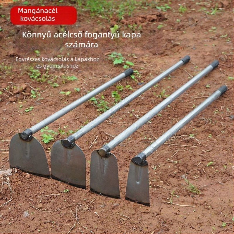 Mangánacél kapa hegesztett acélcsővel, hosszú nyéllel, zöldségek ültetésére és ekézésre, széles pengével a bambusz hajtásainak kivágásához