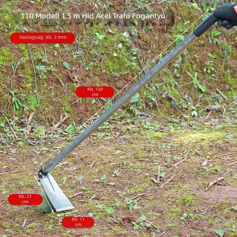 Mangánacél kapa hegesztett acélcsővel, hosszú nyéllel, zöldségek ültetésére és ekézésre, széles pengével a bambusz hajtásainak kivágásához