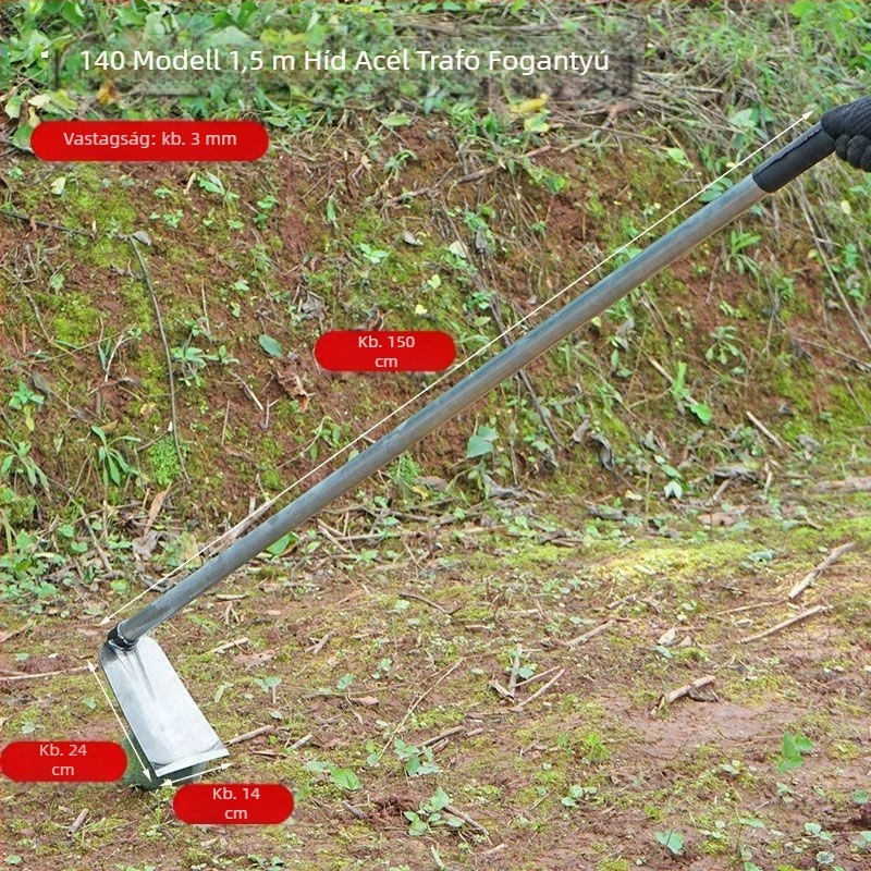 Mangánacél kapa hegesztett acélcsővel, hosszú nyéllel, zöldségek ültetésére és ekézésre, széles pengével a bambusz hajtásainak kivágásához