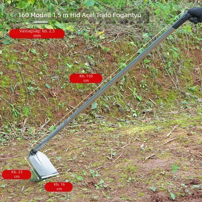 Mangánacél kapa hegesztett acélcsővel, hosszú nyéllel, zöldségek ültetésére és ekézésre, széles pengével a bambusz hajtásainak kivágásához