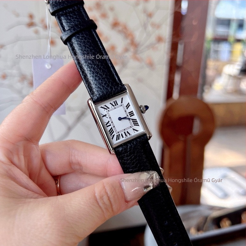 Női kvarcóra téglalap alakú tárcsával, bőrszíj, japán mechanizmus, vízálló 10 m