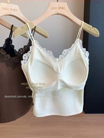 Vastagított fleece bélésű, beépített kosaras csipkés V-nyakú top, meleg, karcsú fazon, nőknek, őszi-téli