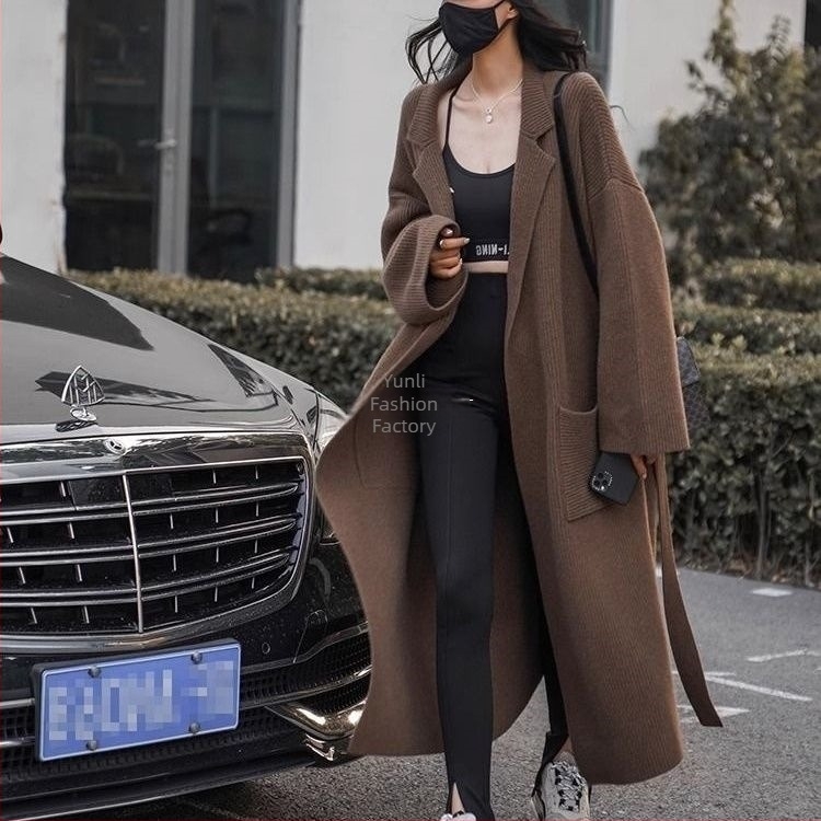 Hosszú kötött kardigán öltönygallérral és hercegnői ujjaival, laza szabású, TR anyag, PVC 50-70% tartalom