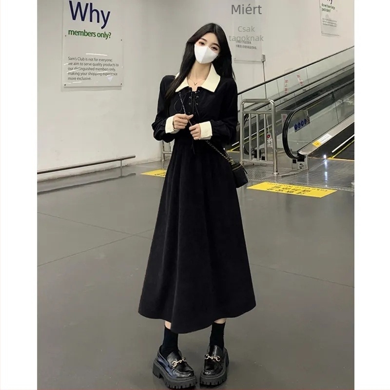 Plus-size női ruha: elegáns retro color-block fekete ruha karcsúsított derékkal, őszi-téli viselet.