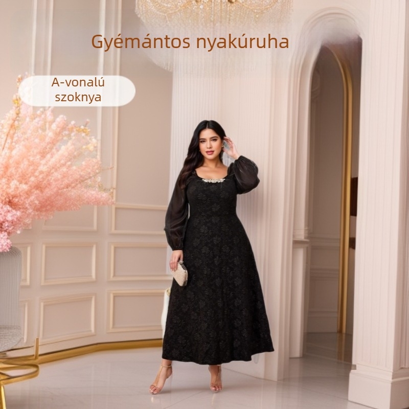 Hosszú ruha négyzetes gallérral, buborékos ujjaival, A-vonalú szabású, poliészter anyagból.
