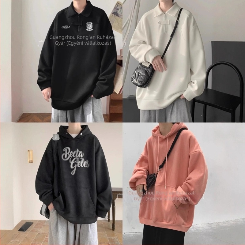 Férfi koreai stílusú pulóver, kerek nyak, hosszú ujjú, laza szabás, mintás