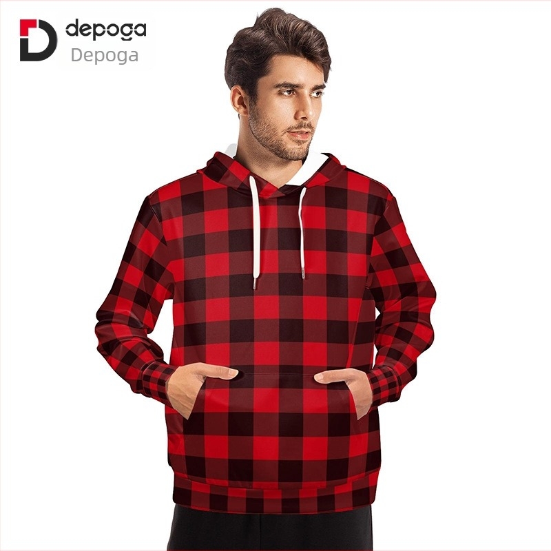 Férfi oversized kapucnis pulóver, 3D-s nyomtatással és rácsos mintával, laza fazon