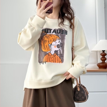 Plusz méret téli fleece pulóver grafikus lányos mintával, laza szabású, kerek nyak