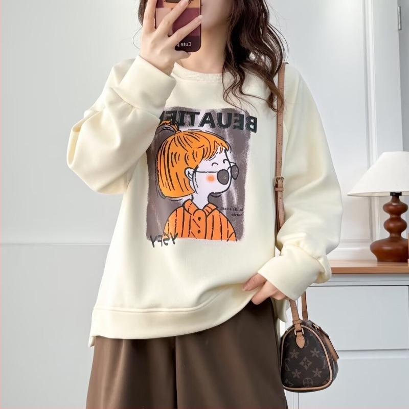 Plusz méret téli fleece pulóver grafikus lányos mintával, laza szabású, kerek nyak
