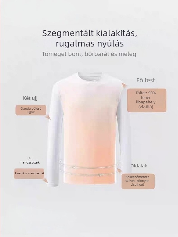 Uniszex fehér termikus felső libatollal töltve, ultra-soft pamut-poliészter keverék, kerek nyakú, őszi-téli