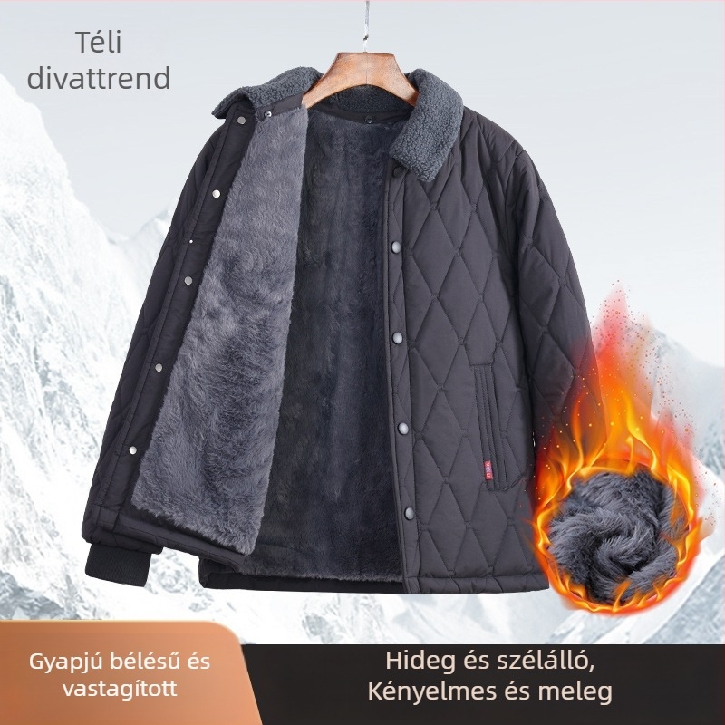 Meleg, vastag pamutkabát fleece béléssel, lazább szabású, galléros, egysoros záródás, felnőtt férfiak számára, téli viselet
