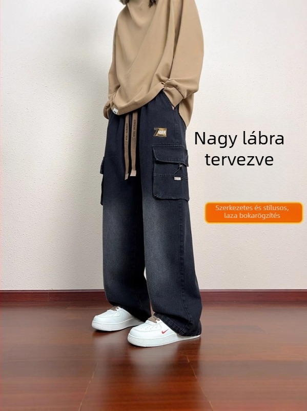 Férfiaknak szánt egyenes szárú cargo nadrág, több zsebbel, pamutkeverék, középmagasságú derék, tavasz-őszi