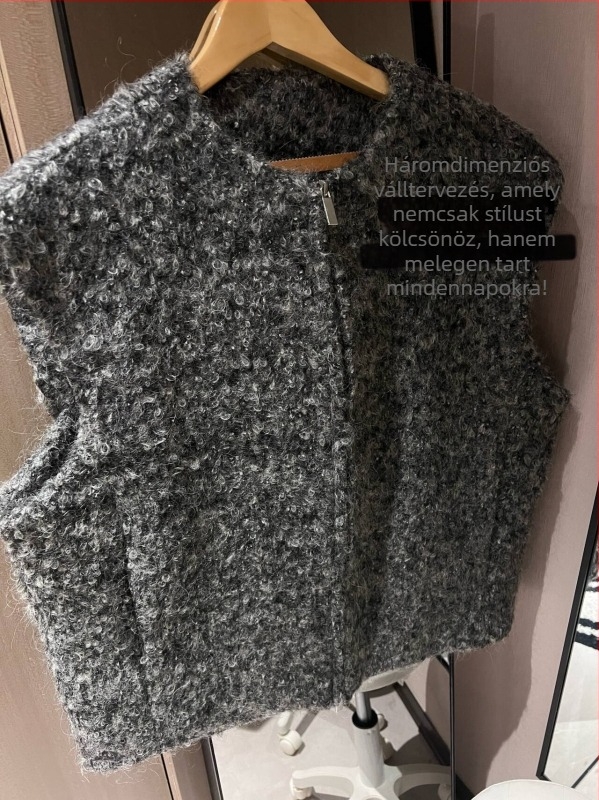 Gyapjú mellény kardigán-stílusú, ingázáshoz, gyapjú 30–50% arányban, töltet nélküli, cipzárral