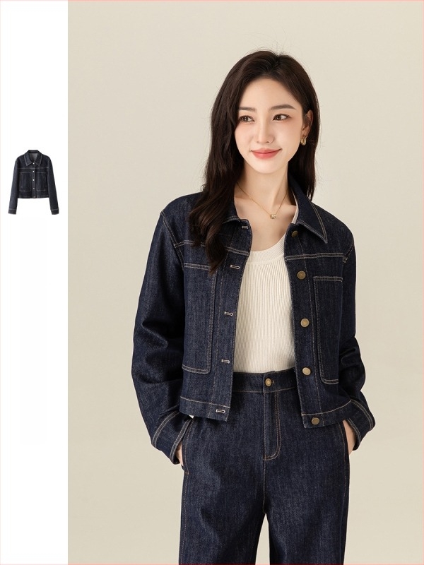 Denim kabát laza szabású, hosszú ujjú, polo gallér, normál hosszúság, őszi 2024