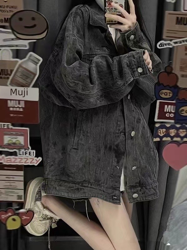 Denim kabát koreai retro stílusban, bő szabás, hosszú ujjú, polo gallér, tavasz 2025