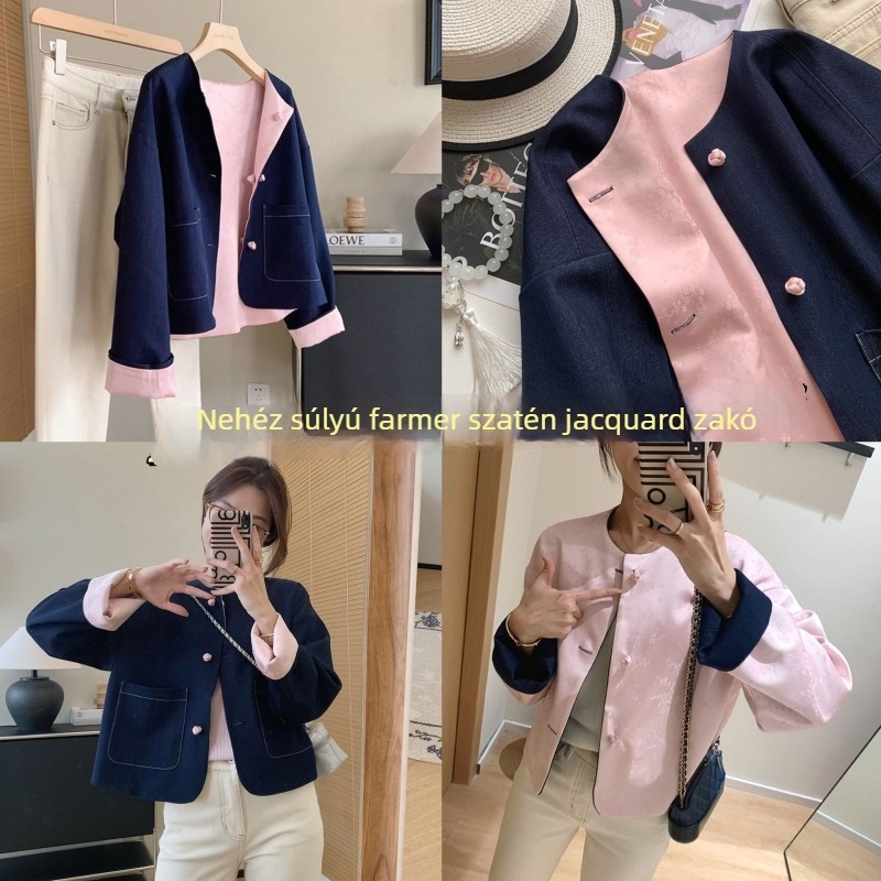 Női tavaszi kabát denim satin jacquard mintával, kétoldalas viselés, retro stílus; kerek nyakú, hosszú ujjú, hossz 50–65 cm