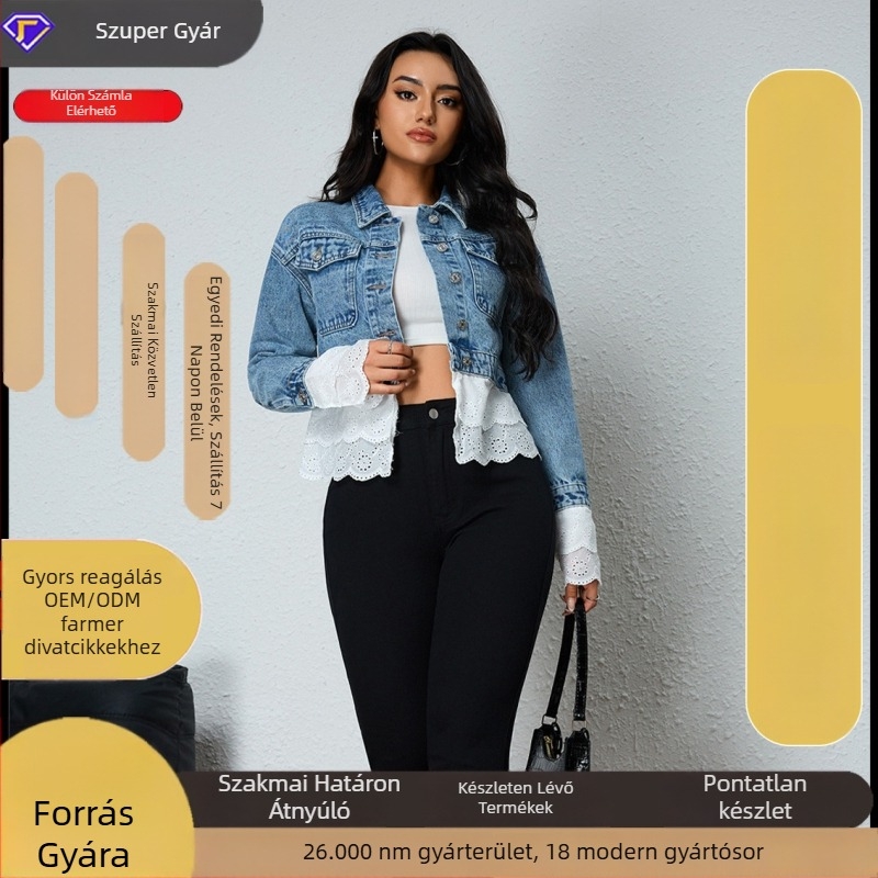 Női farmerdzseki elöl cipzárral, slim fit, rövid fazon, álló gallér, 70–80% pamut, őszi 2024