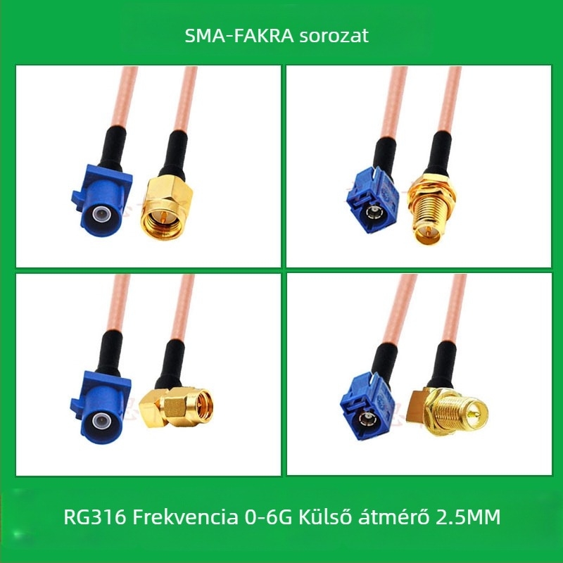 GPS antenna RG316 meghosszabbító kábel, kék, Fakra–SMA átvezető kábel Type-C–SMA, férfi és női csatlakozók