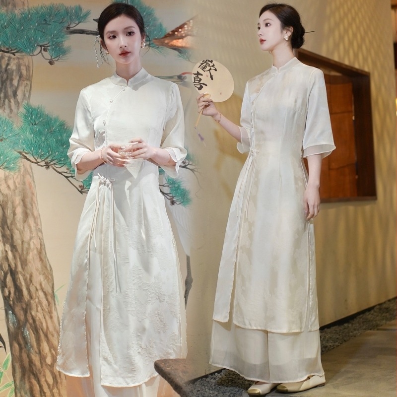 Qipao ruha, kínai zen stílus, nyári modell, 3/4-ujjú, korongos gomb részlet, kód Miaomiao-9869