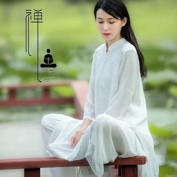 Zen ihletésű midi ruha pamut-len keverékből (95% pamut, <30% poliészter), színpadra készen yoga, tea és tai chi viselethez
