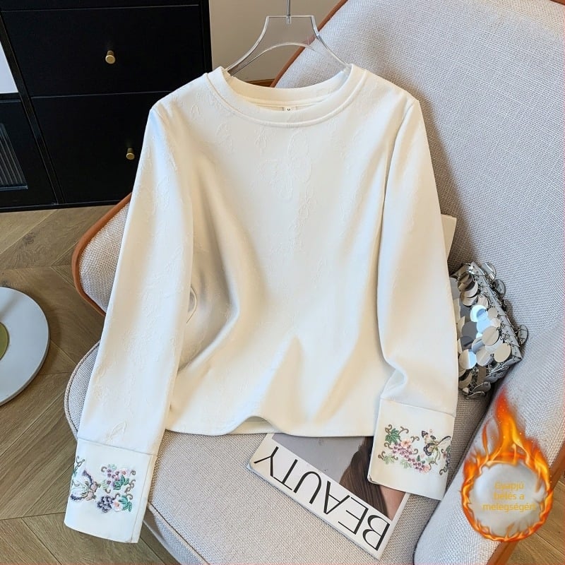 Új kínai stílusú jacquard téli felső, kerek nyakkal, hímzett mandzsettával, sokoldalú hosszú ujjú, fleece-béléssel