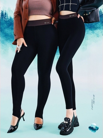 Téli fleece-bélése leggings, magas derekú, pamut-elasztán keverék, 3D mintázat, hasformázó