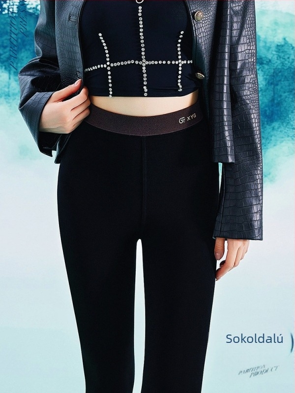 Téli fleece-bélése leggings, magas derekú, pamut-elasztán keverék, 3D mintázat, hasformázó