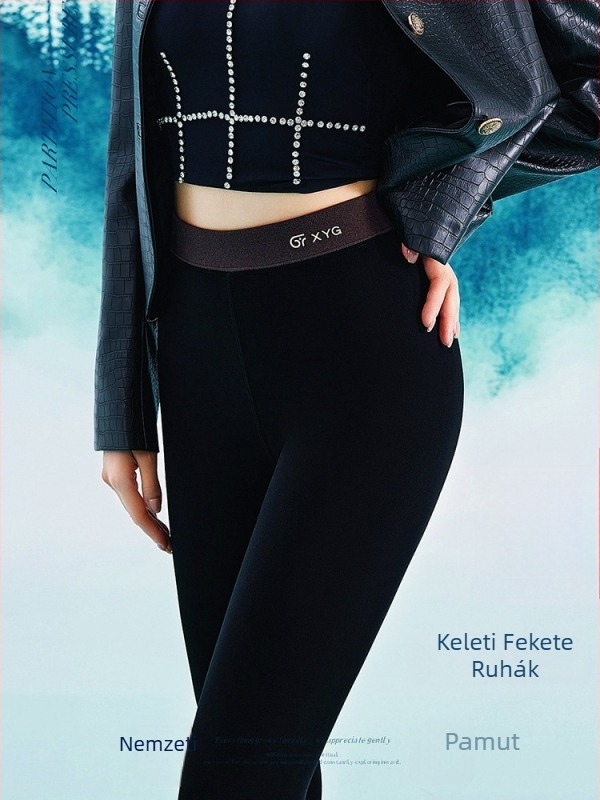 Téli fleece-bélése leggings, magas derekú, pamut-elasztán keverék, 3D mintázat, hasformázó