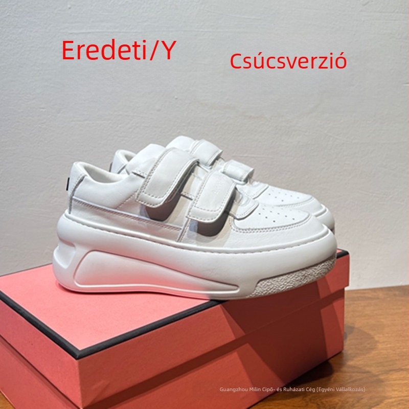 Női bőrből készült Velcro-záródású slip-on edzőcipő, 7 cm vastag gumitalppal és báránybőr belsővel