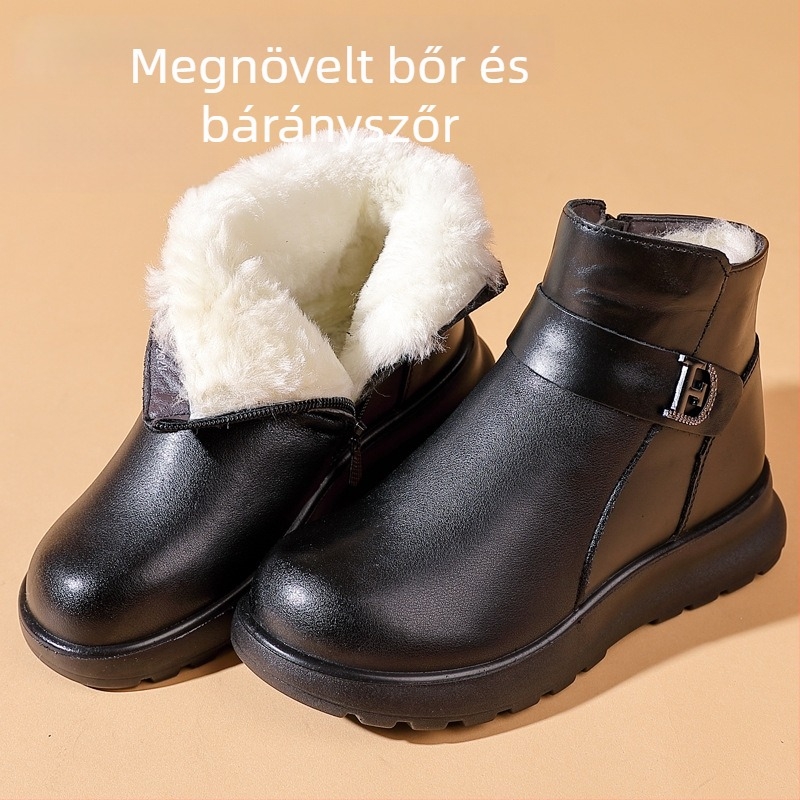 Női téli bakancs bőrből, belső gyapjú bélés, oldalsó cipzár, csúszásmentes PU talp, kerek orr, 3–5 cm-es sarok