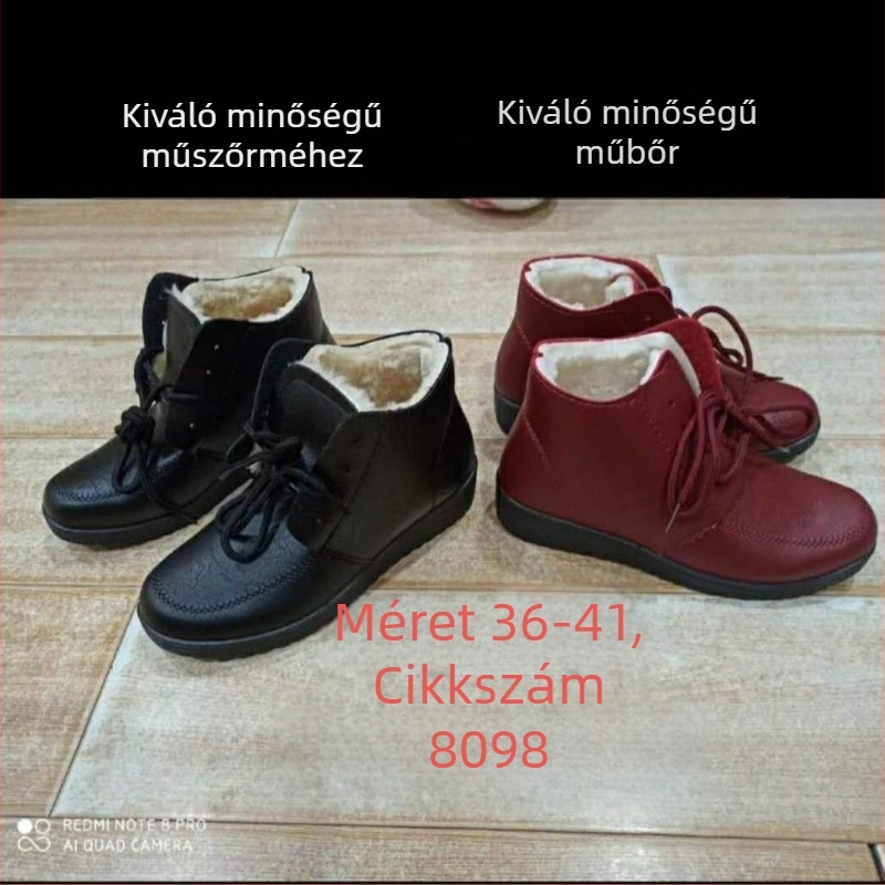 Női téli cipő mű PU felsőrésszel, belső műszőrmés bélés, középmagas szár, műanyag talp, fűzős zárás
