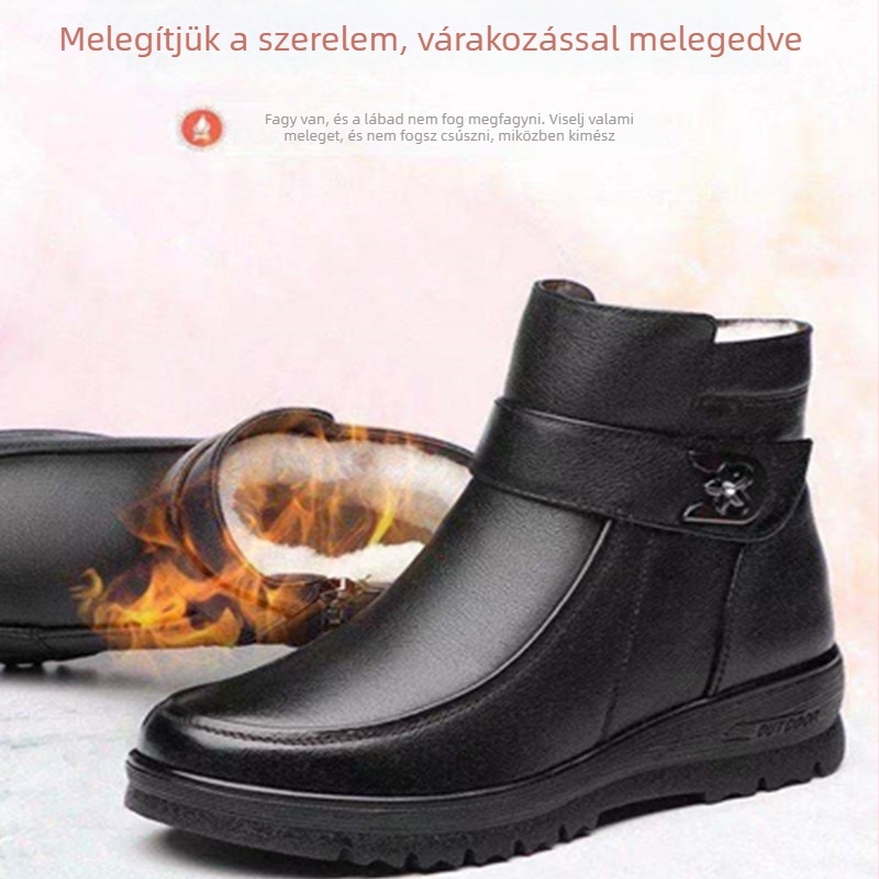 Téli női cipő első réteg marhabőrből, gyapjú bélés, csúszásmentes gumitalp, oldalsó cipzár