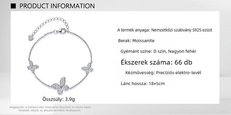 Pillangó Moissanit bokalánc – Sterling ezüst, édes stílus, kövek beépítés, testreszabás elérhető