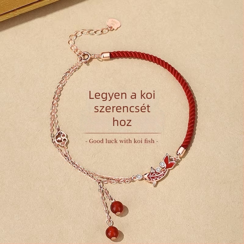Rézből készült bokalánc kínai stílusú koi motívummal és biztonsági csattal nőknek.