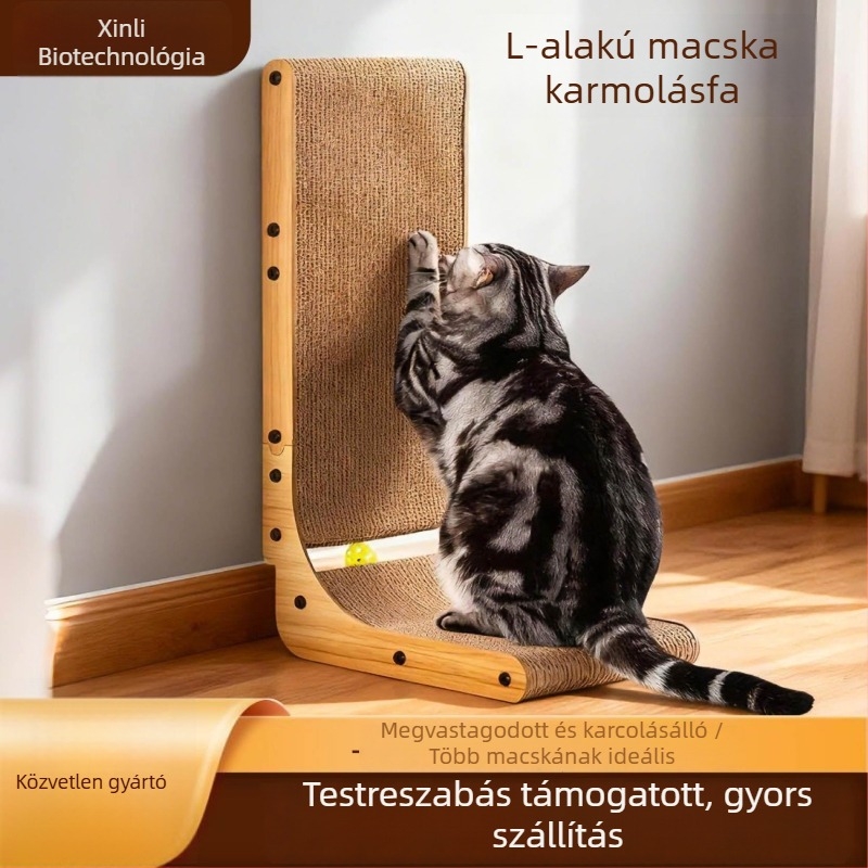 Fából készült L-formájú macska karmacsiszoló tábla beépített macskamenta játék golyóval, falra szerelhető függőleges kialakítás, egyszerű stílus