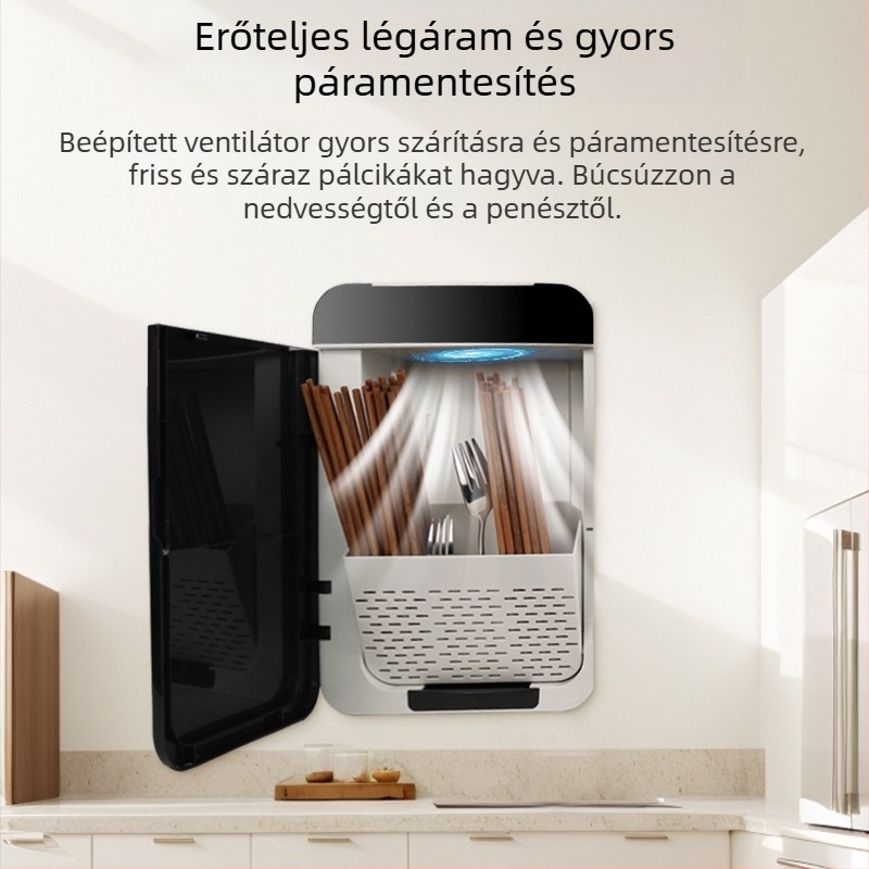 Automata evőpálcika sterilizáló, Minimalista stílus, UV gyors szárítás, falra szerelhető, műanyag