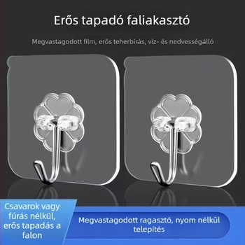 Ragasztó falikampó, átlátszó, fúrás nélkül, műanyag, egy kampó, 0–1 kg.