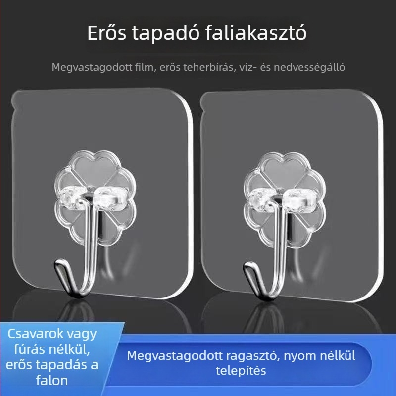 Ragasztó falikampó, átlátszó, fúrás nélkül, műanyag, egy kampó, 0–1 kg.