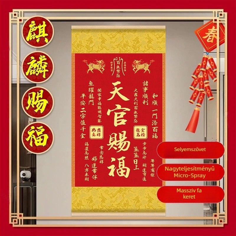 Kínai klasszikus stílusú Kirin Blessing motívumos dekoratív függő kép, tömörfa keret, selyem vászon; ideális nappalira és előszobába