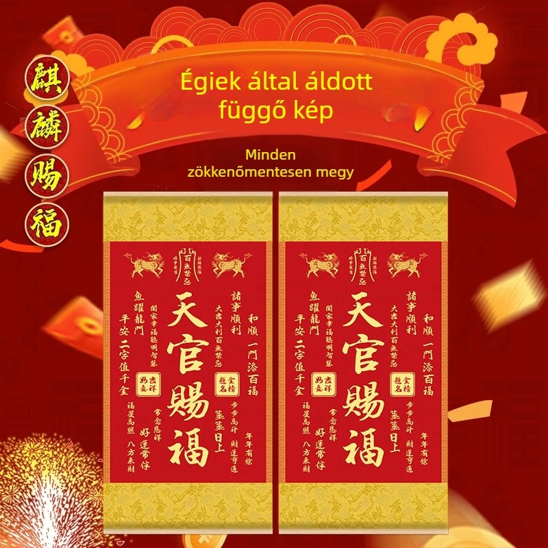 Kínai klasszikus stílusú Kirin Blessing motívumos dekoratív függő kép, tömörfa keret, selyem vászon; ideális nappalira és előszobába