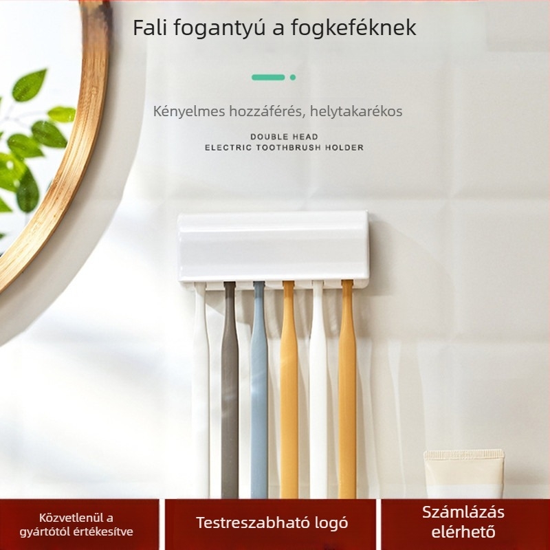 Ragasztóval rögzíthető fogkefetartó, műanyagból, 6 lyukas kialakítás, KM magánmárka, testreszabható