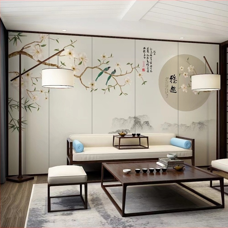 Műbőr hátterű panel kínai klasszikus virág- és madár hímzéssel, testre szabható minta, testreszabás elérhető, alkalmas nappalira, hálószobára, dolgozószobára, étteremre, kereskedelmi helyre