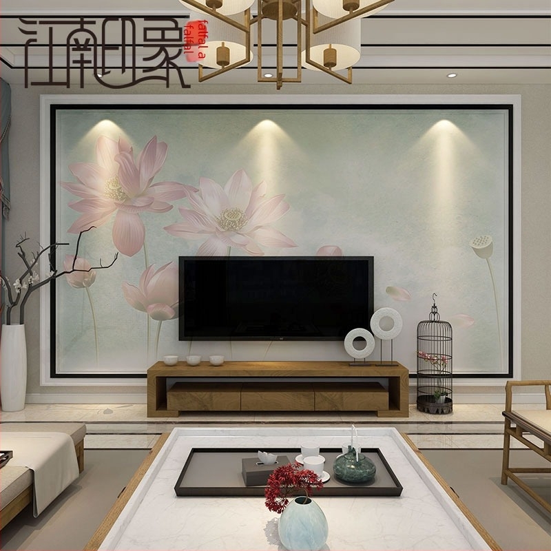 Új kínai stílusú kézzel festett lótusz tapétamural – zökkenőmentes falvédő, selyem felület, penészellenes nyomtatás