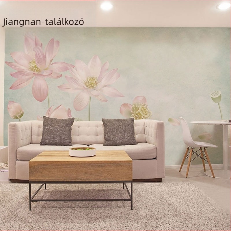 Új kínai stílusú kézzel festett lótusz tapétamural – zökkenőmentes falvédő, selyem felület, penészellenes nyomtatás